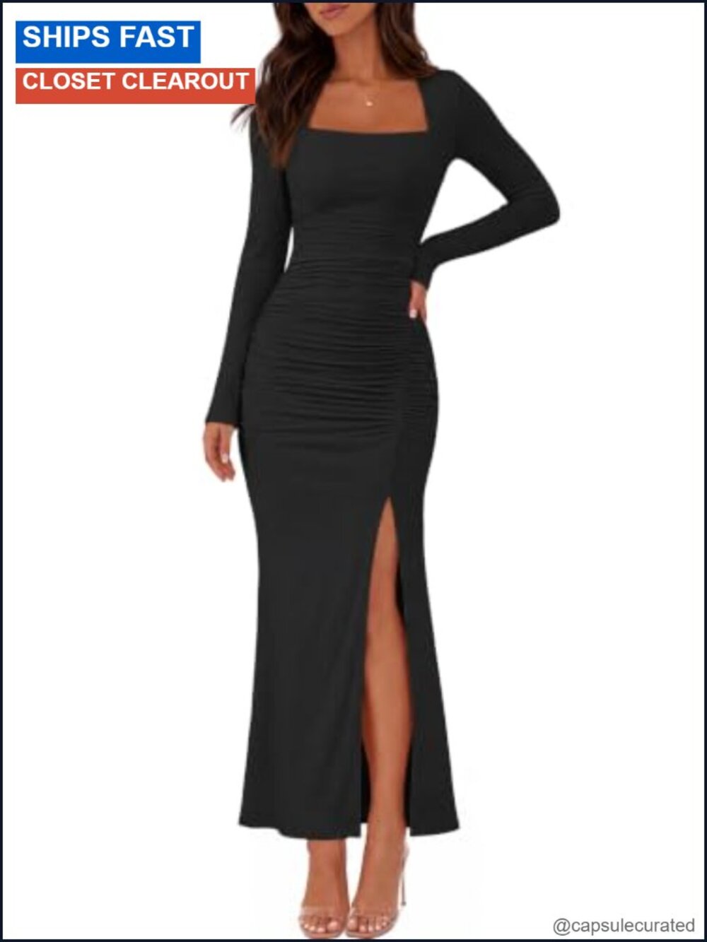 Women's Bodycon Maxi Dress Long Sleeve Square Neck Side Slit Fall Formal